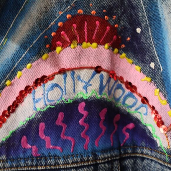 Vintage 80s Sport Deco Hand Painted Hollywood Denim Jacket Sequins Medium - Picture 12 of 16
